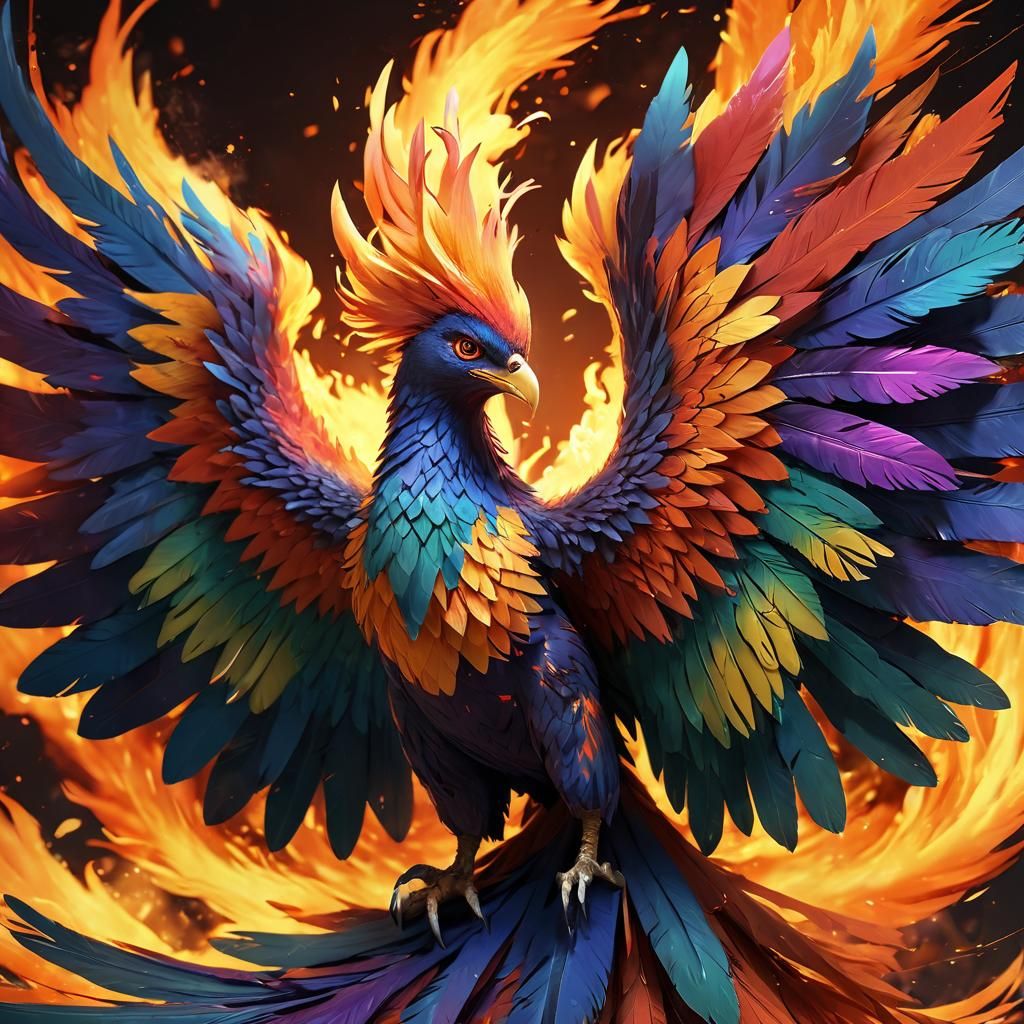 Rainbow Phoenix Ablaze: Vibrant 3D Anime Art