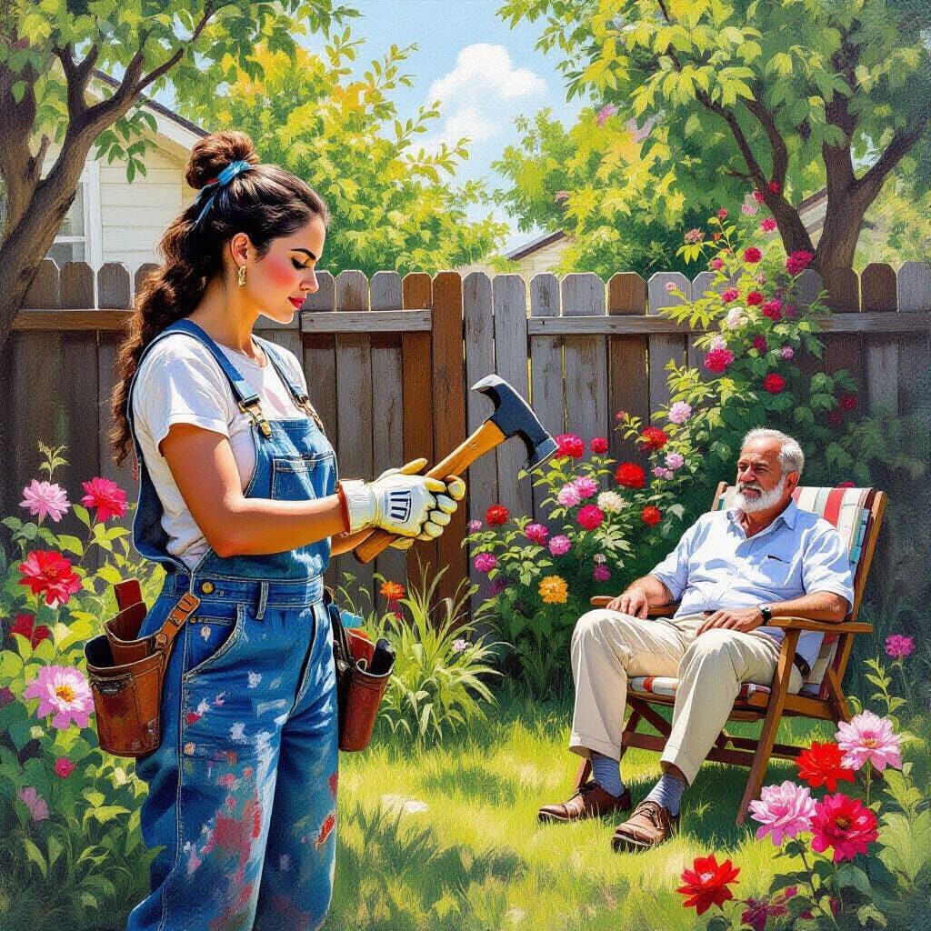 Woman Rebuilding Fence in Satirical Art Style