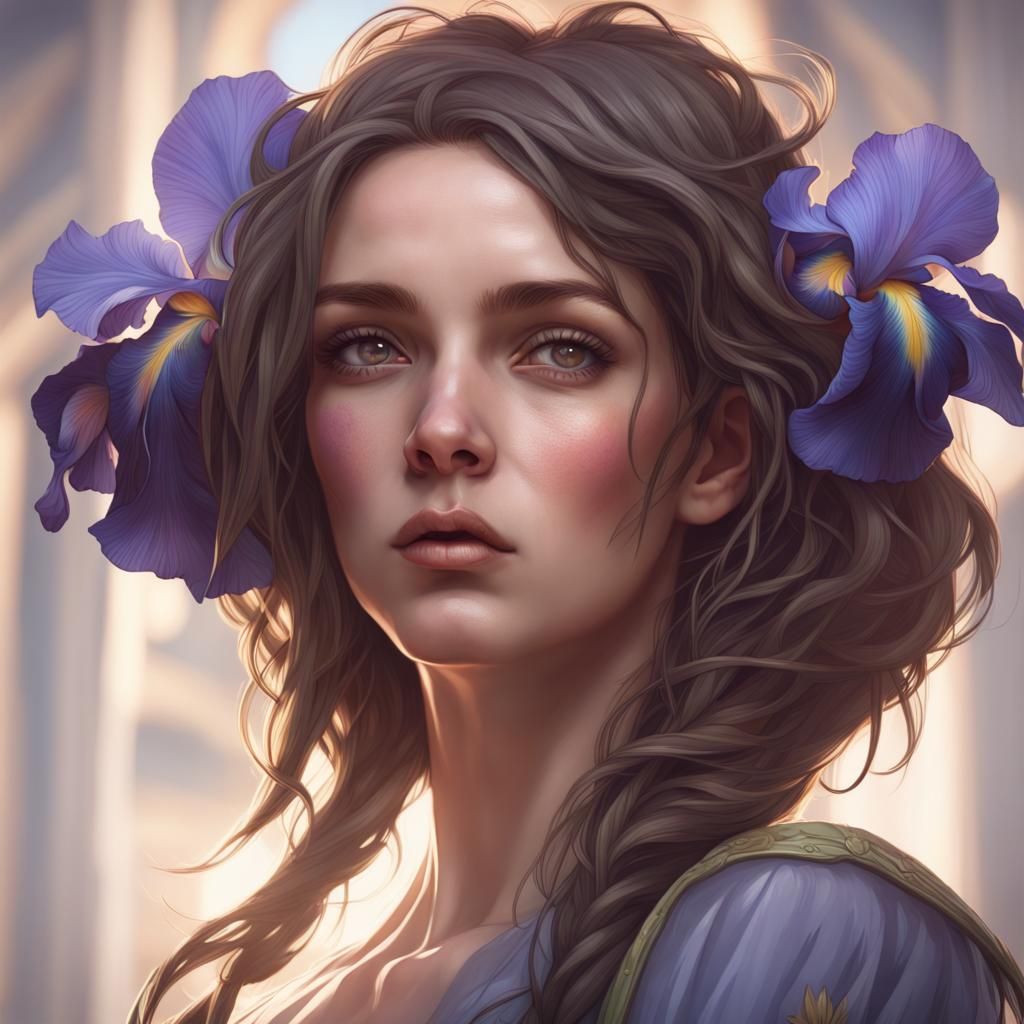 French Girl with Iris Flowers: Hyperdetailed Portrait
