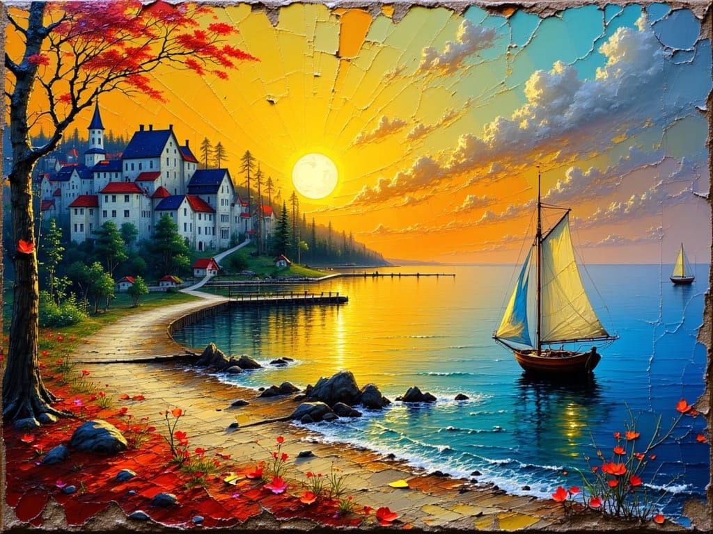 Van Gogh Style Bay Sunset with Sailboat