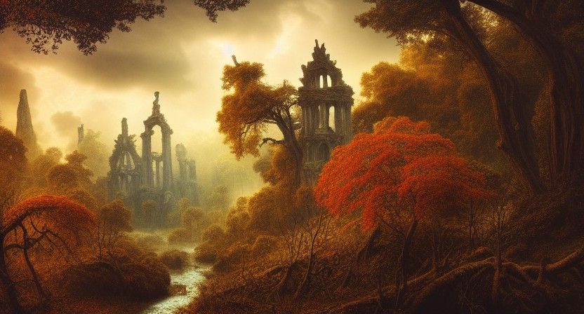 Enchanted Autumn Forest Ruins in Shounen Style