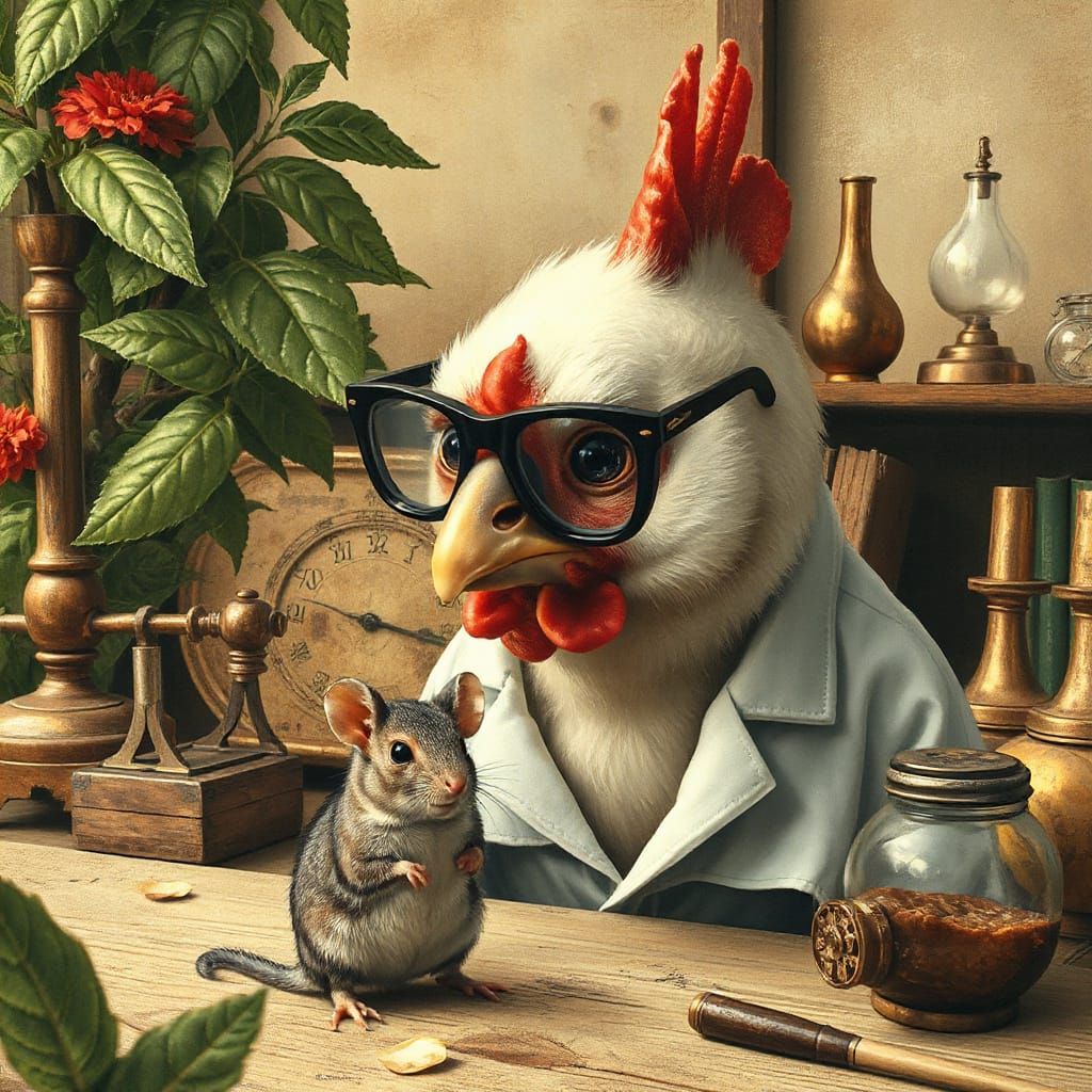 Whimsical Avian Scholar Examines Tiny Rodent in Lush Botanic...