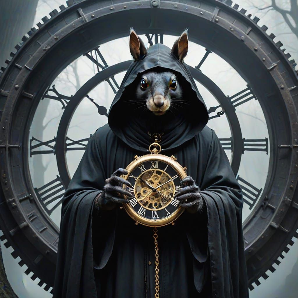 Mysterious Figure Contemplates Time in a Dark, Whimsical Sce...