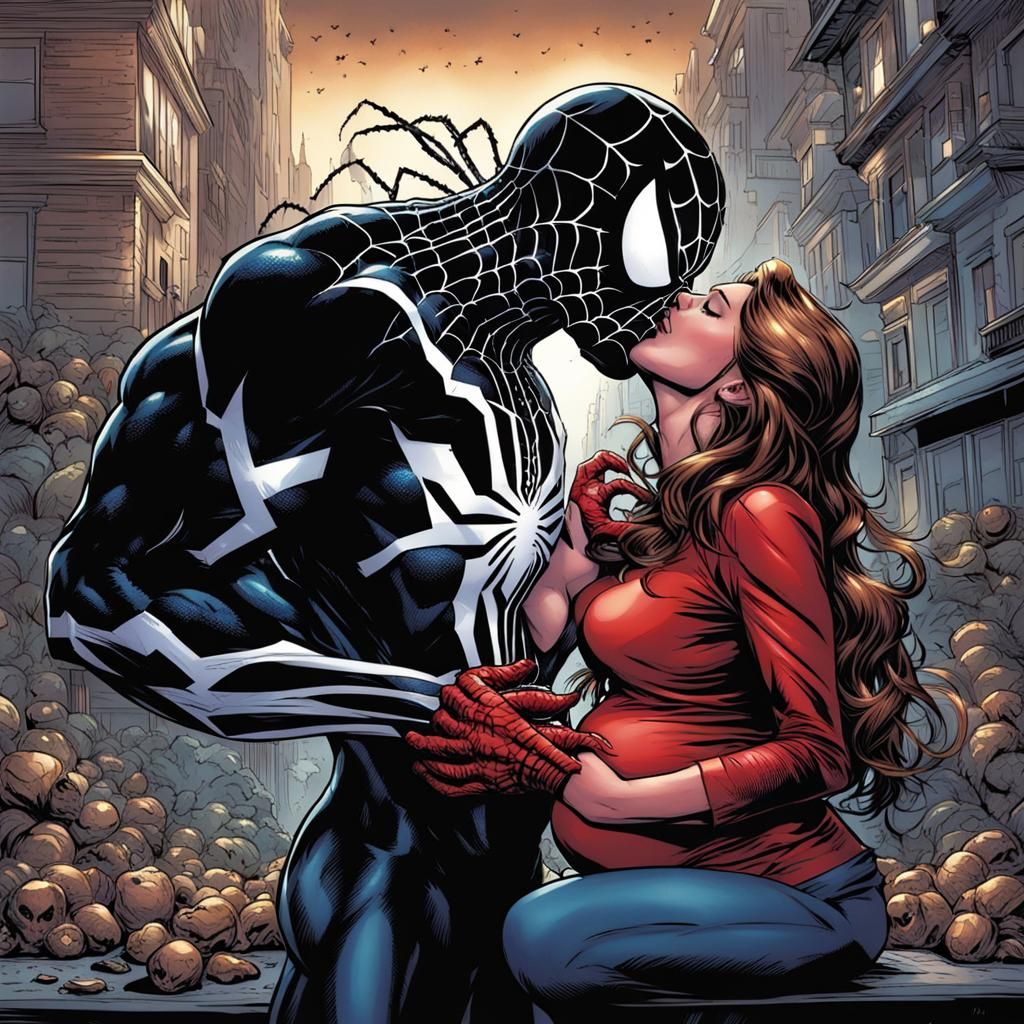 Pregnant Spider-Girl and Venom Kiss: Comic Book Art