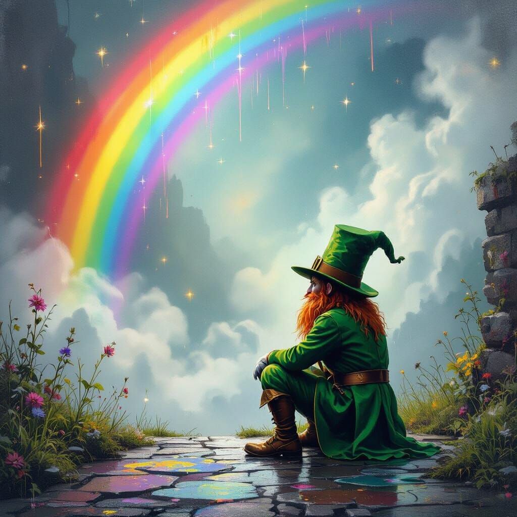 Sullen Leprechaun by Rainbow in Street Art Style