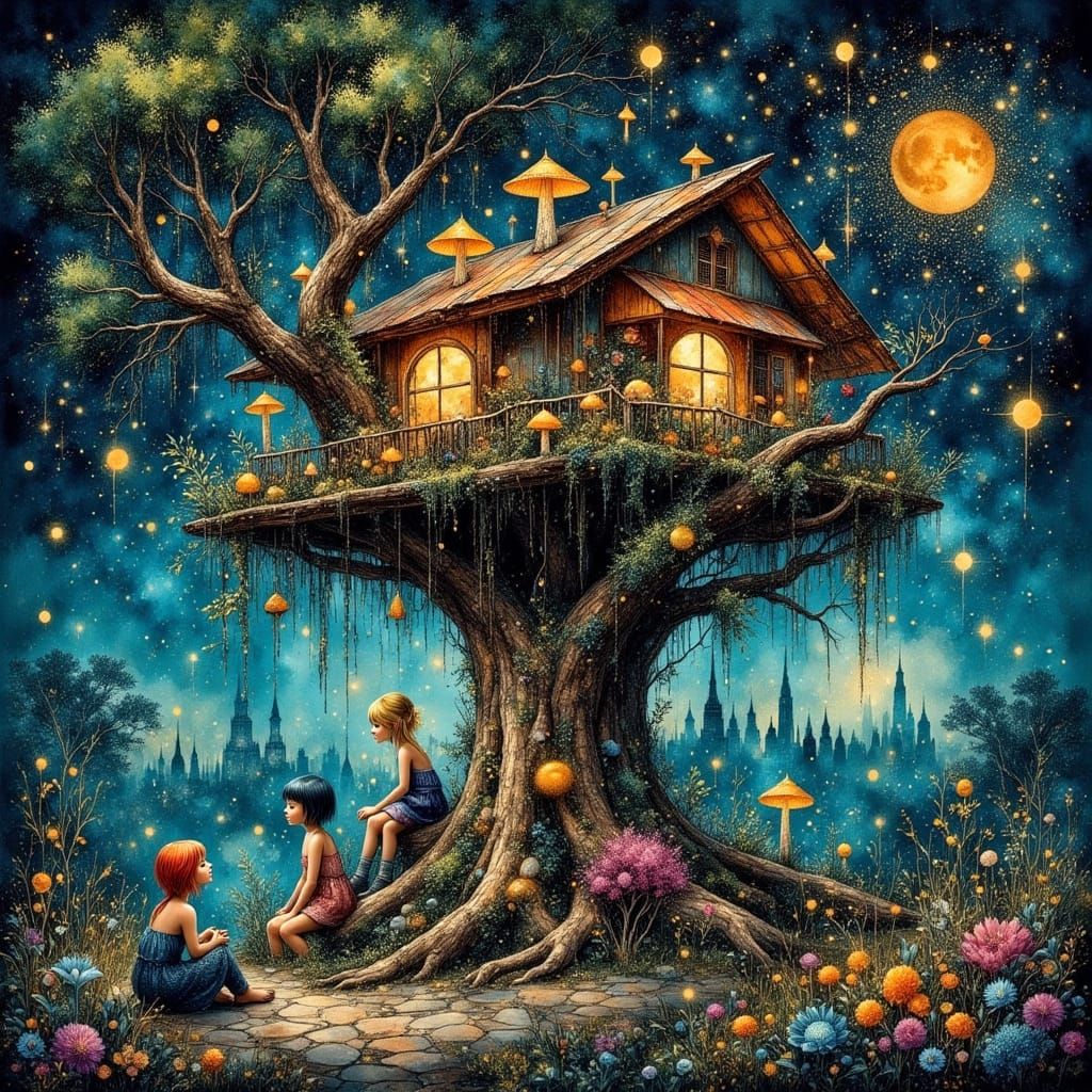 Trashpunk Treehouse with Bioluminescent Garden, Digital Art