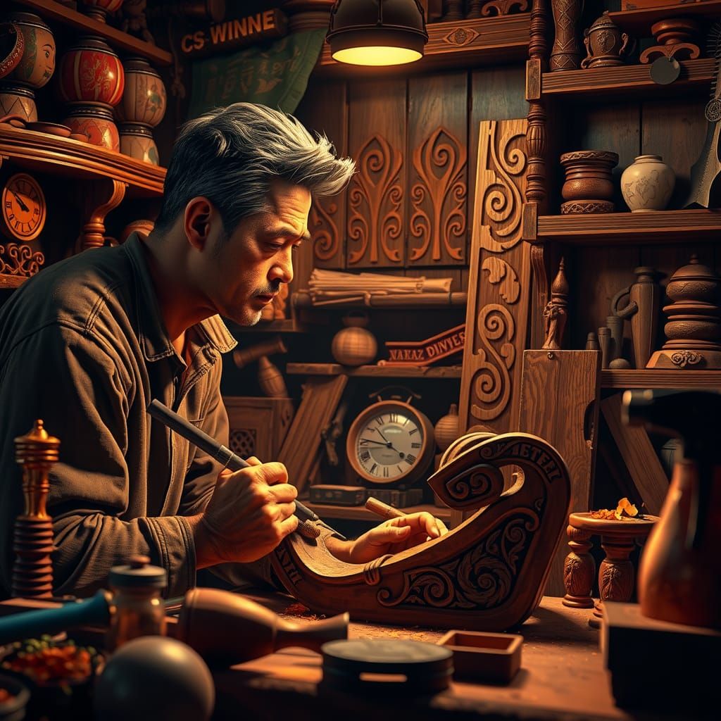 Hyperrealistic Wood Carver in Colorful Workshop