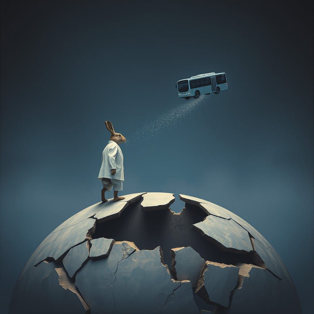 Dreamlike Scene of Rabbit Amidst Cracked Globe and Glitterin...