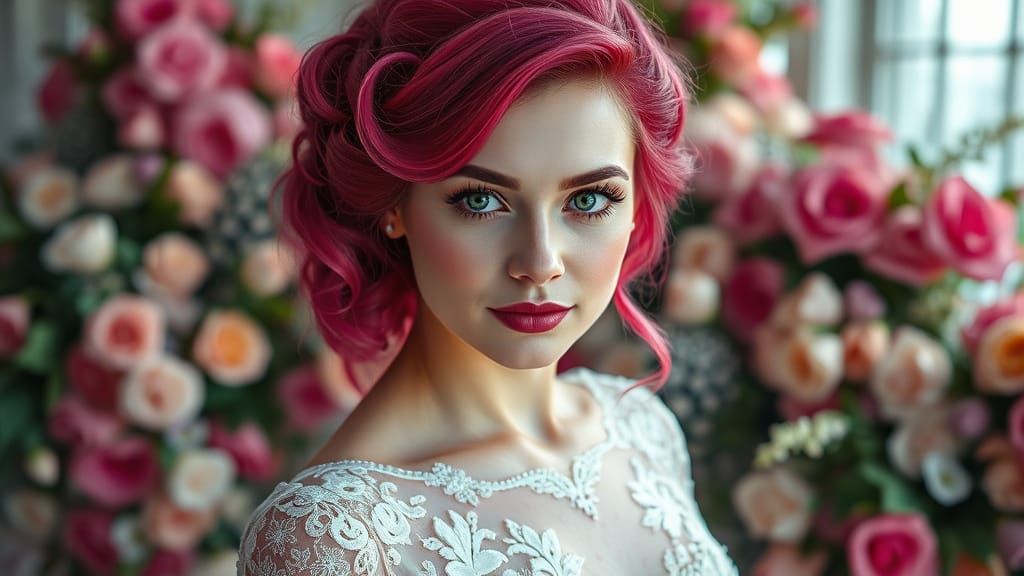 Bride with Raspberry Hair in Pre-Raphaelite Style