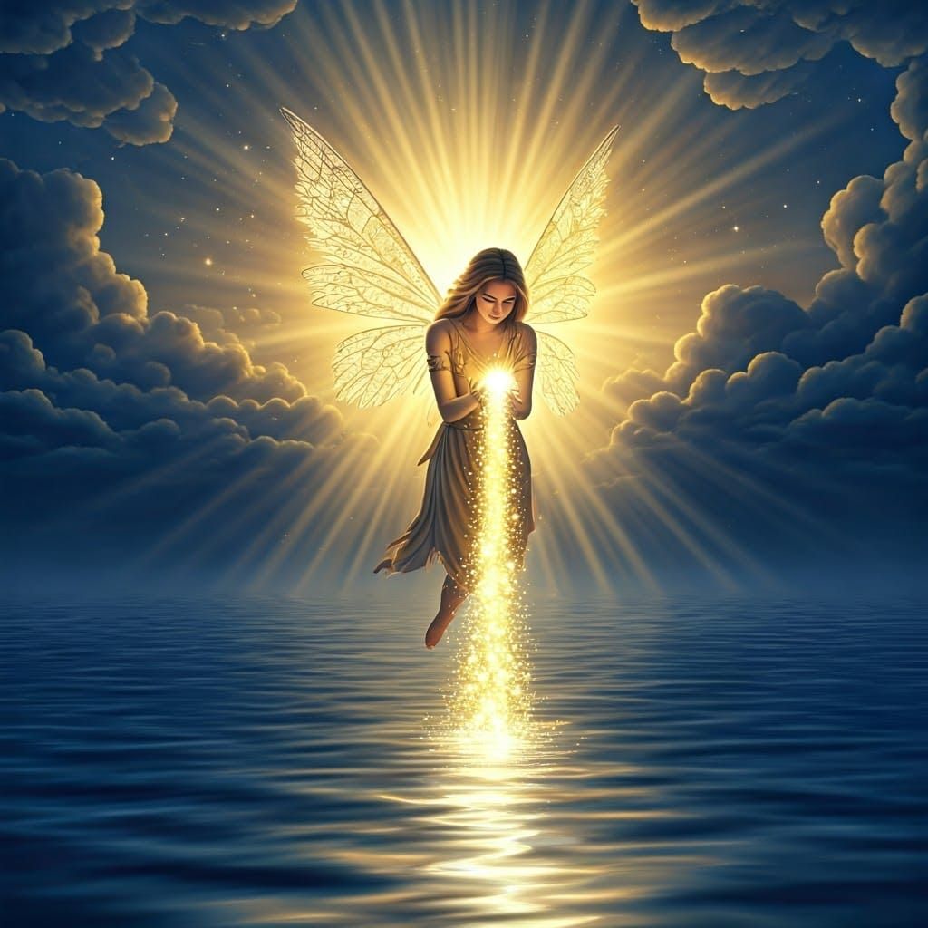 Golden Fairy Descending with Light, Ethereal Style