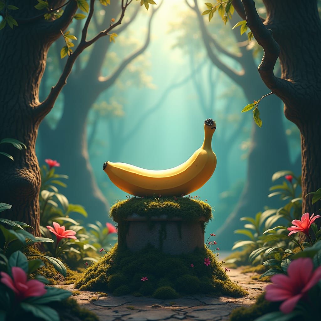 Banana on Mystical Pedestal in Lush Jungle
