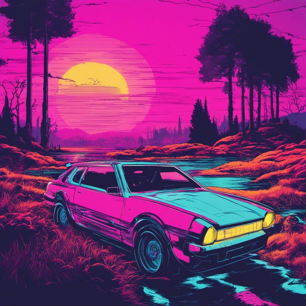 Synthwave Wind in the Willows: Neon Retro Scene