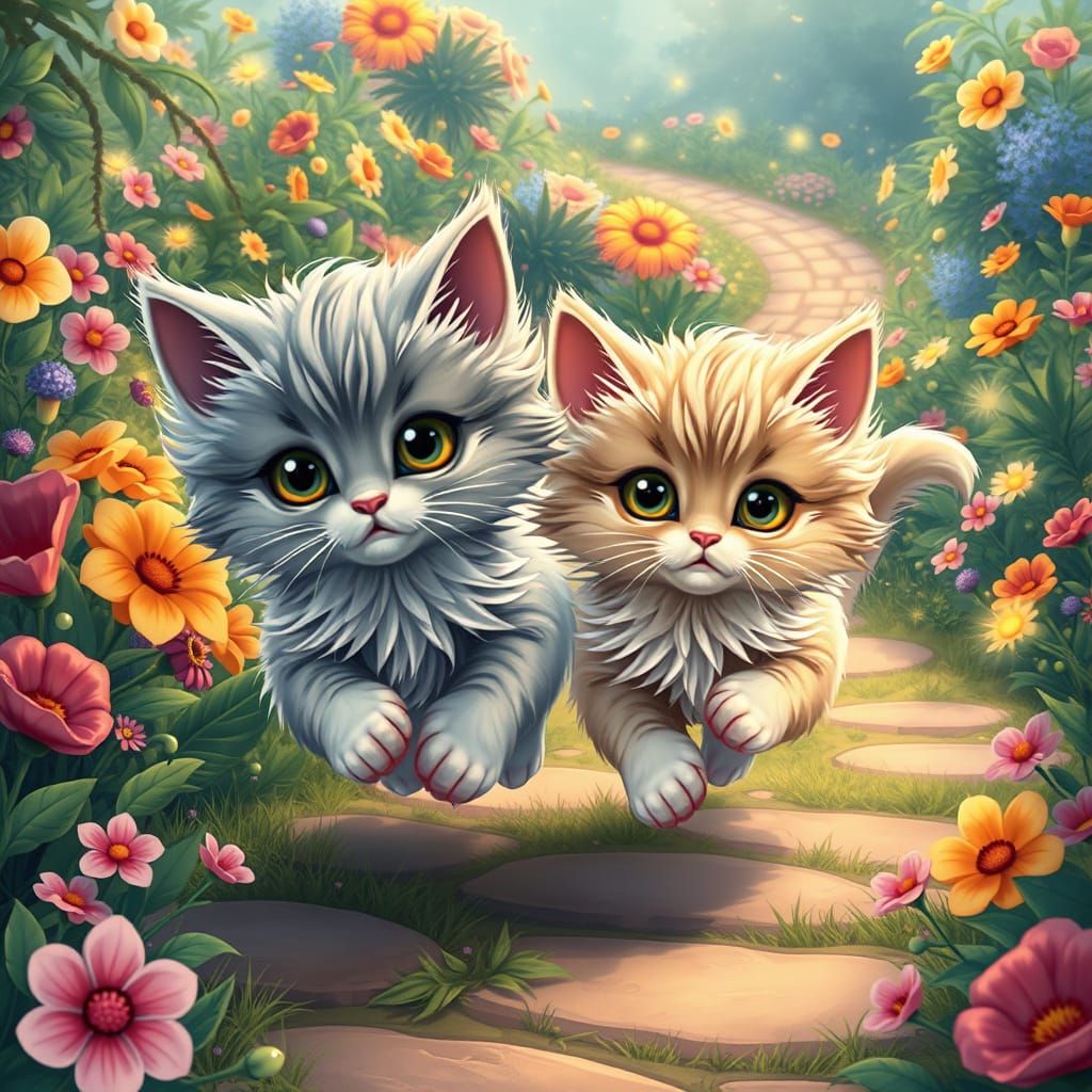 Whimsical Cartoon Kittens Play in a Vibrant Garden Paradise