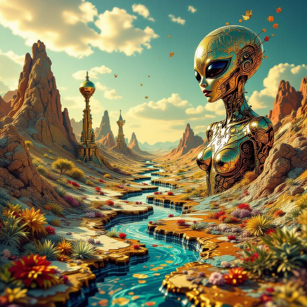 Psychedelic Alien Landscape with Gold Leaf