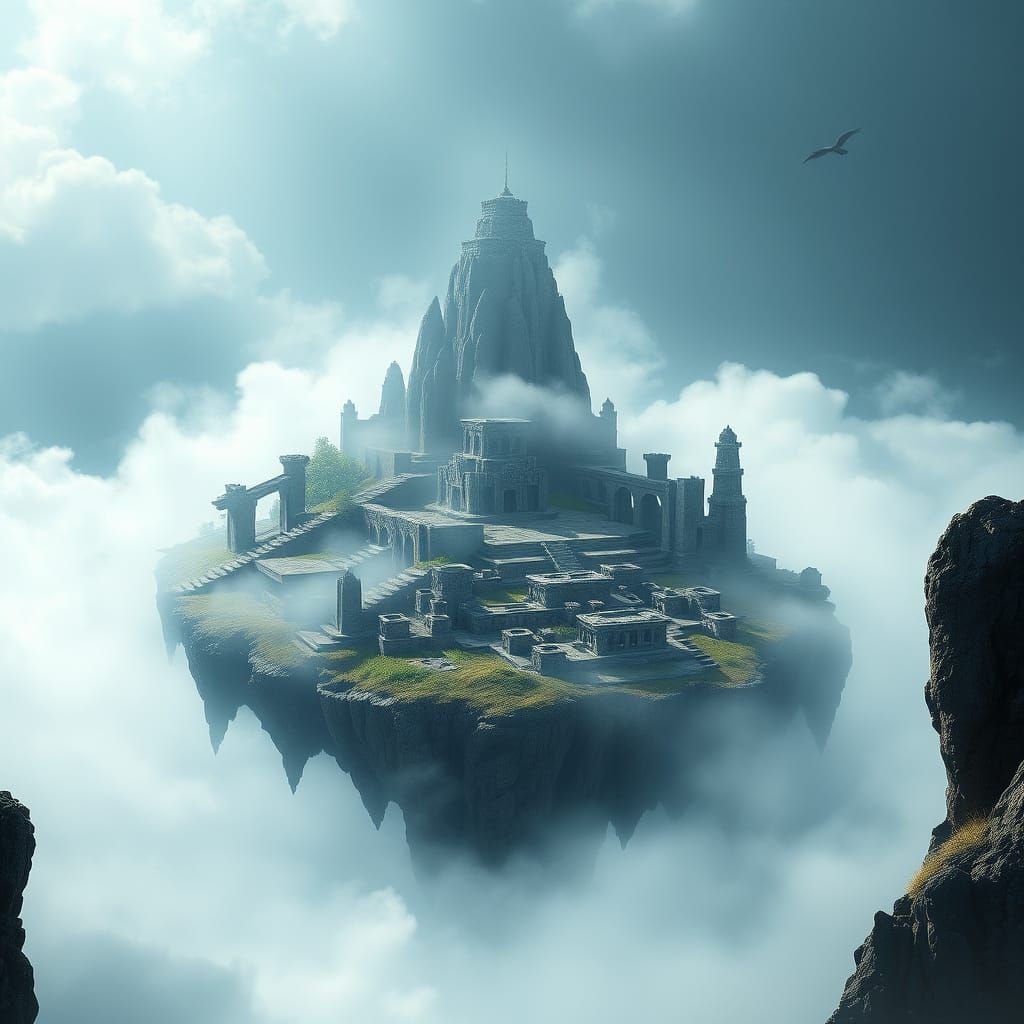 Mysterious Island Ruins Emerge from Mist in Fantasy Art Styl...