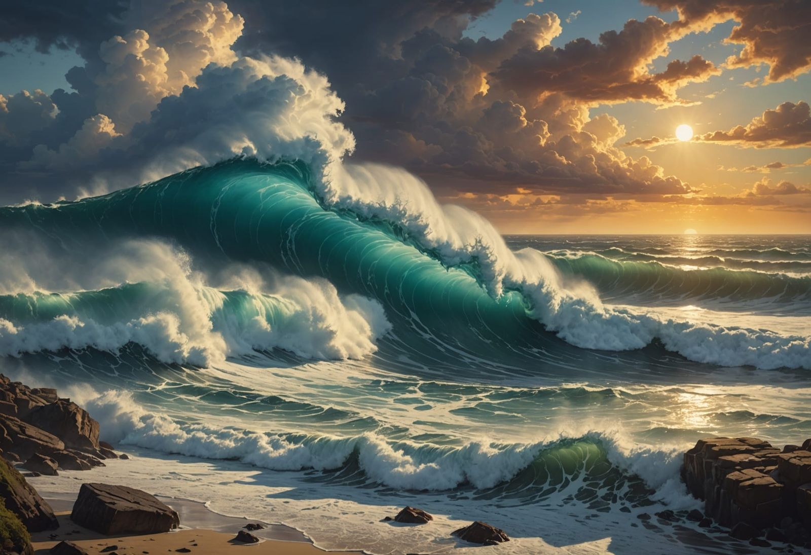 Surreal Surf Sunset with Ancient Clocks