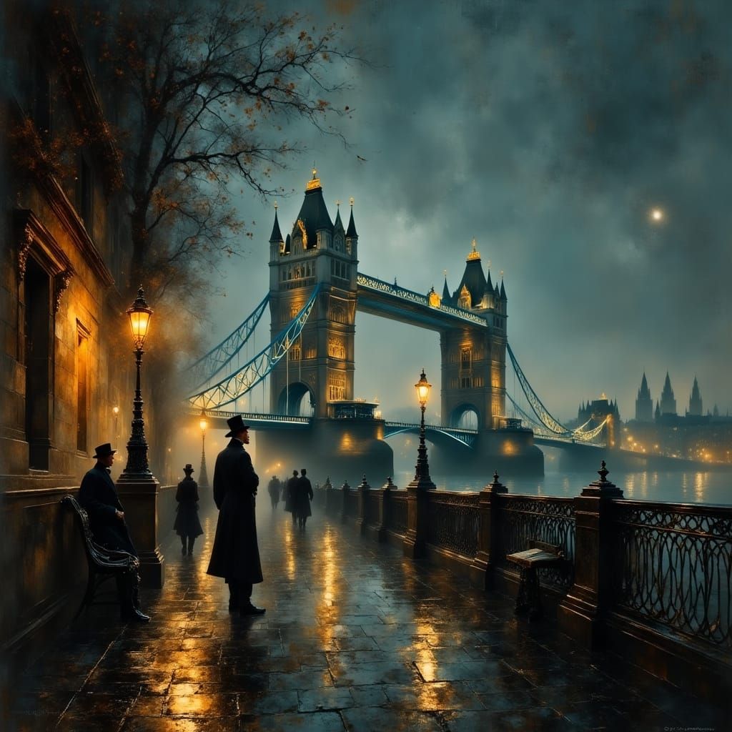 Nighttime London Embankment in Hyperrealistic Illustration