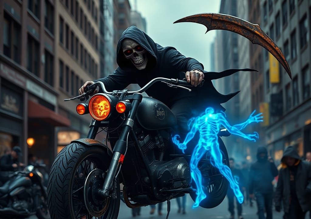 Grim Reaper Rides a Cyberpunk Motorcycle