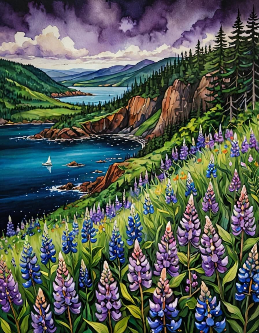 Lupine Fields by the Bay in Alcohol Ink Style