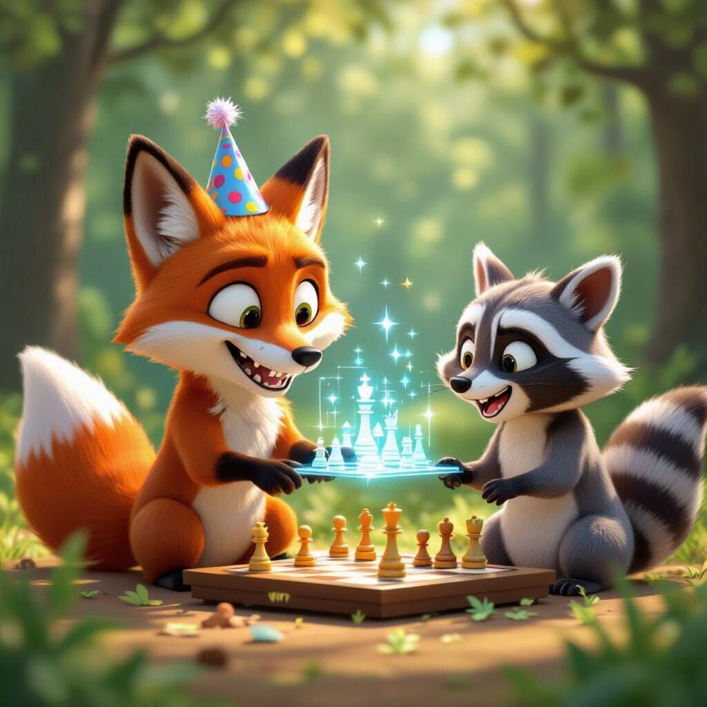 Fox and Raccoon Play Holographic Chess in Forest