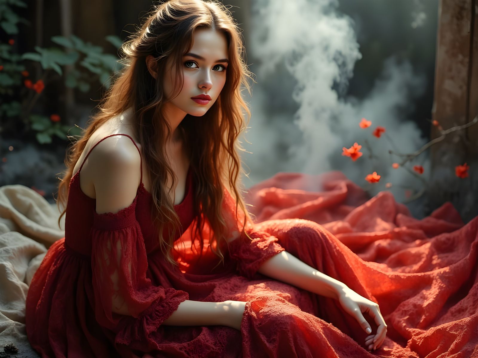 Hyperrealistic Norse Goddess in Smoky Elegance