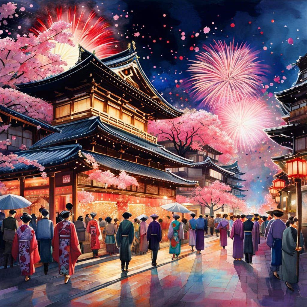 Japanese Night Festival Parade with Sakura Trees