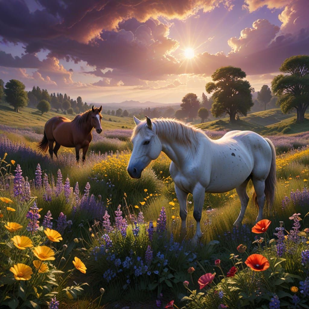 Serene Summer Countryside Scene with Horses and Wildflowers ...