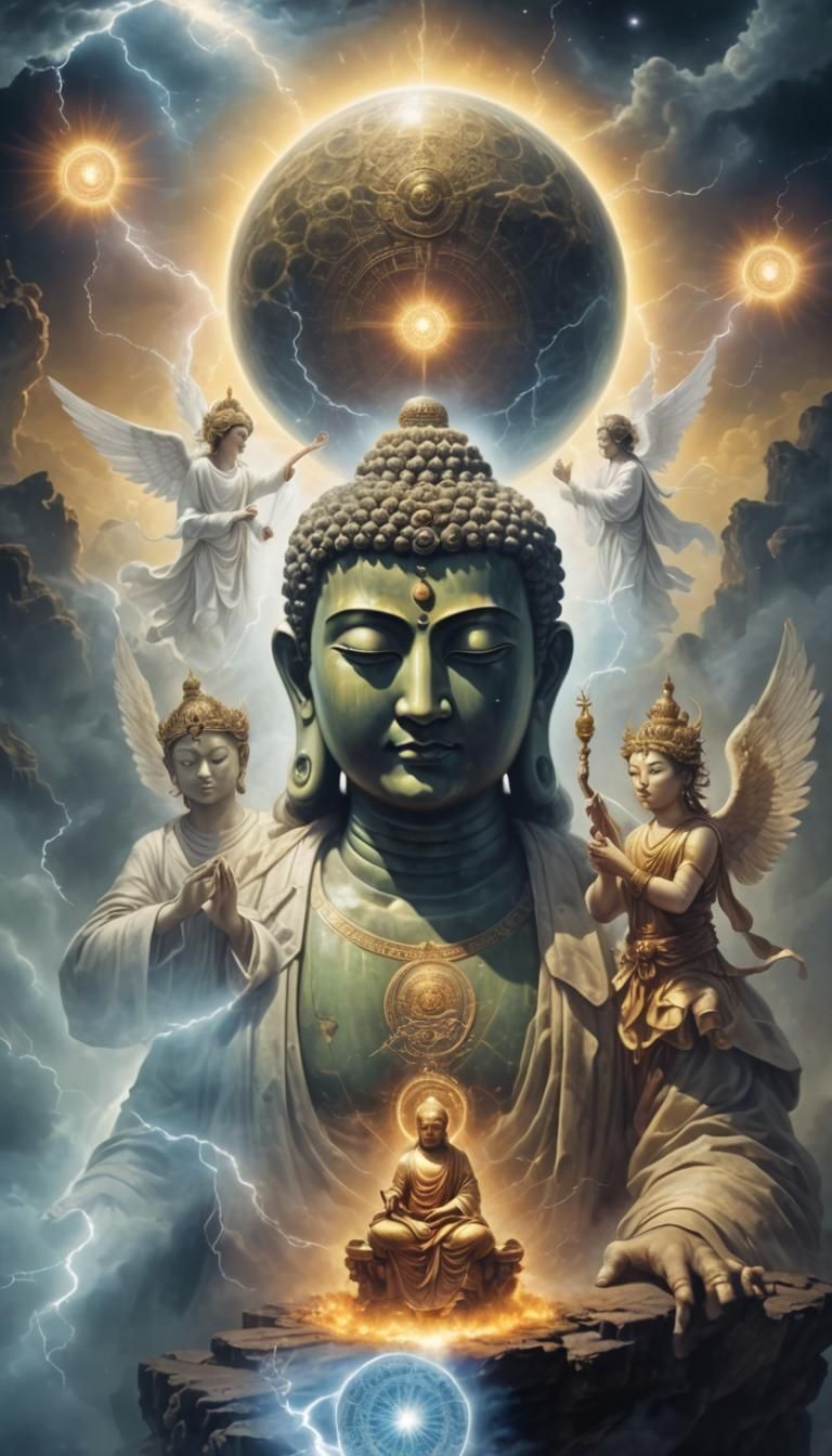 Buddhist Dionysus with Angels and Light Writing