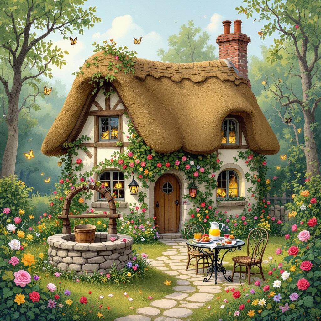 Charming Cottage Surrounded by Wildflowers in Storybook Styl...