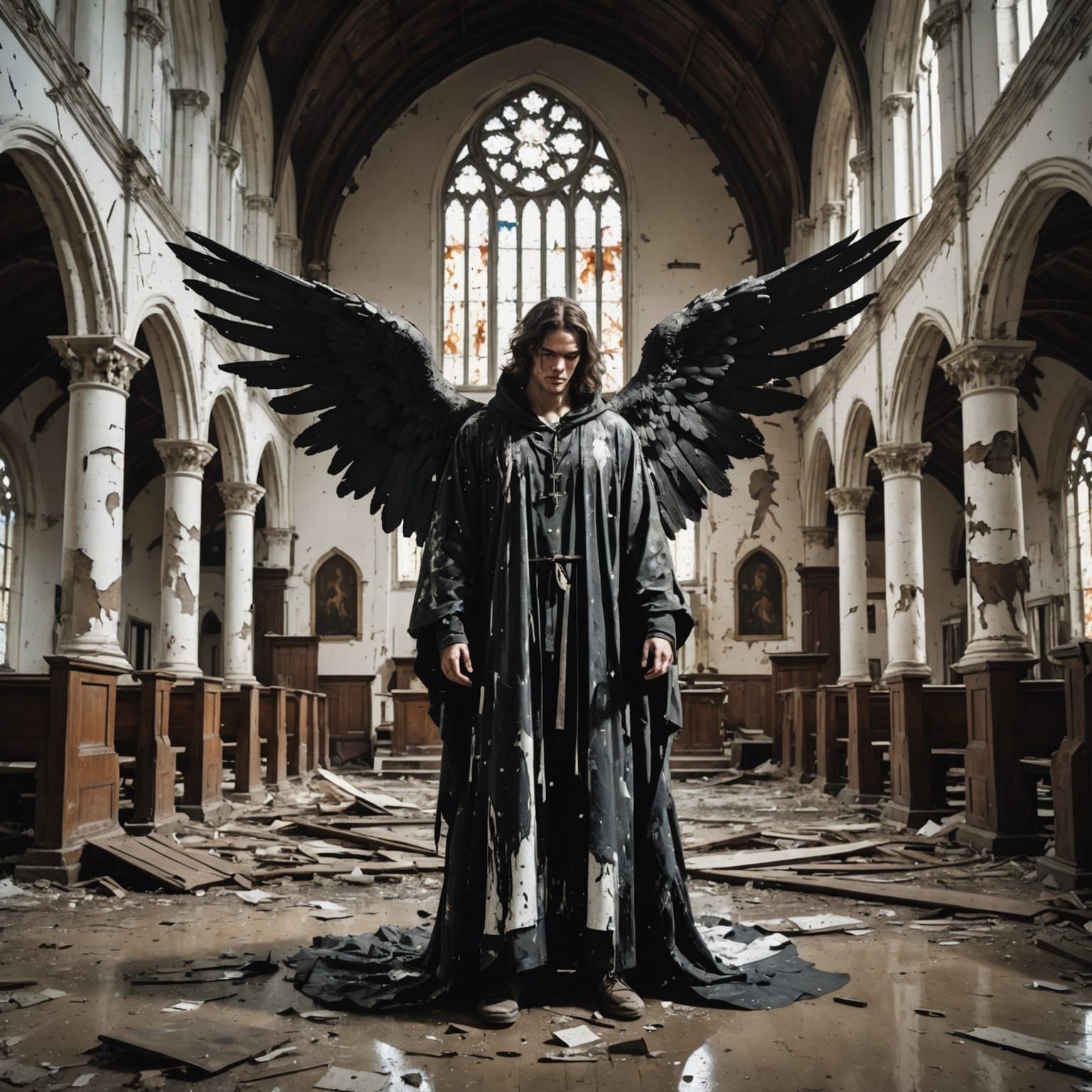 Fallen Angel Rising in Ruined Church: Ink Splatter Art