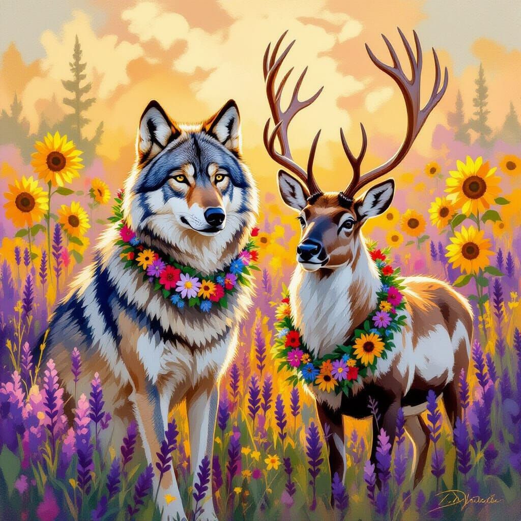 Wolf and Caribou Friends in a Flower Meadow
