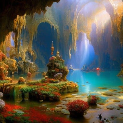 Surreal Fantasy Cave System in Vivid Colors