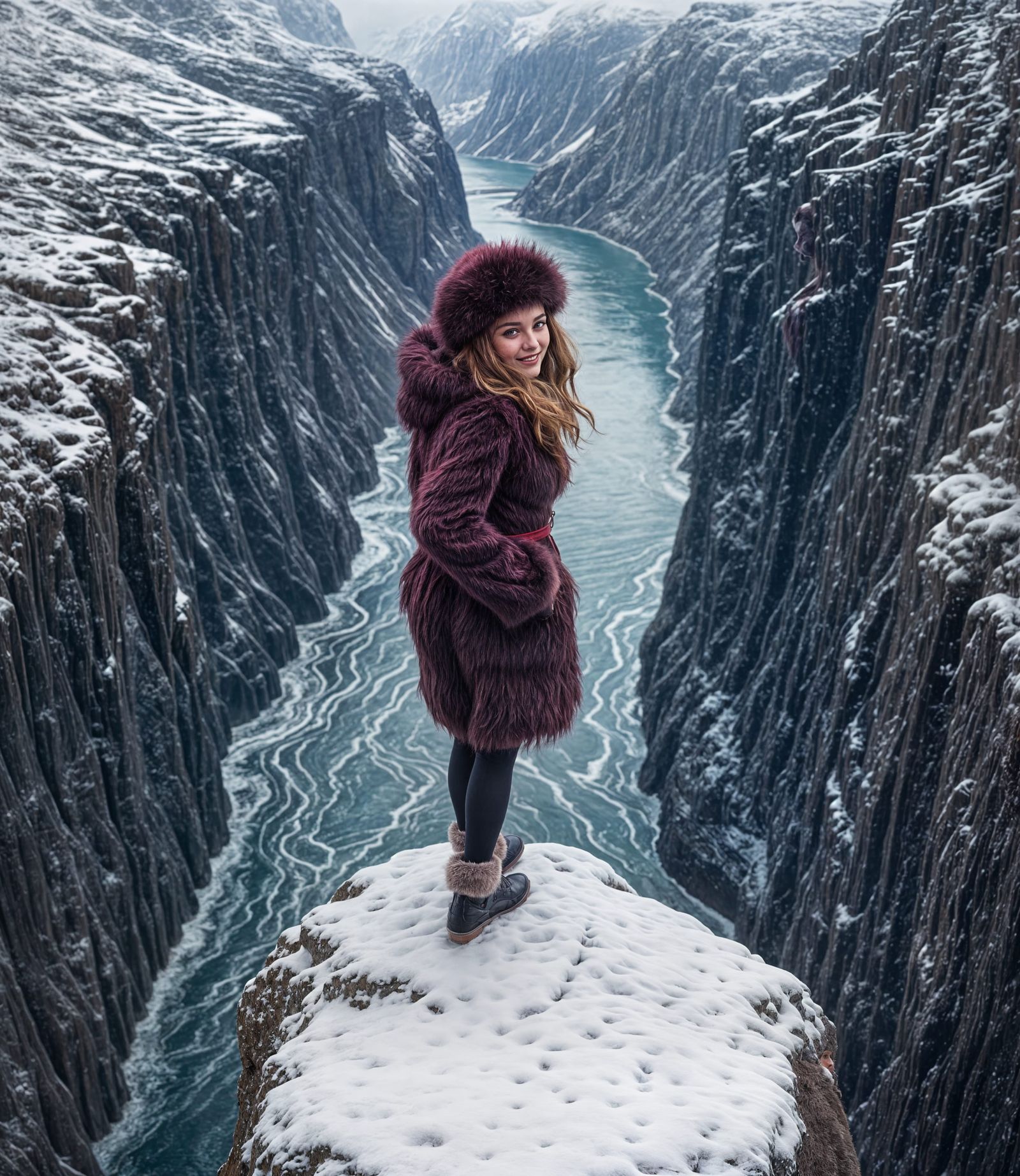 Woman in Burgundy Fur Coat by Norwegian Fjord
