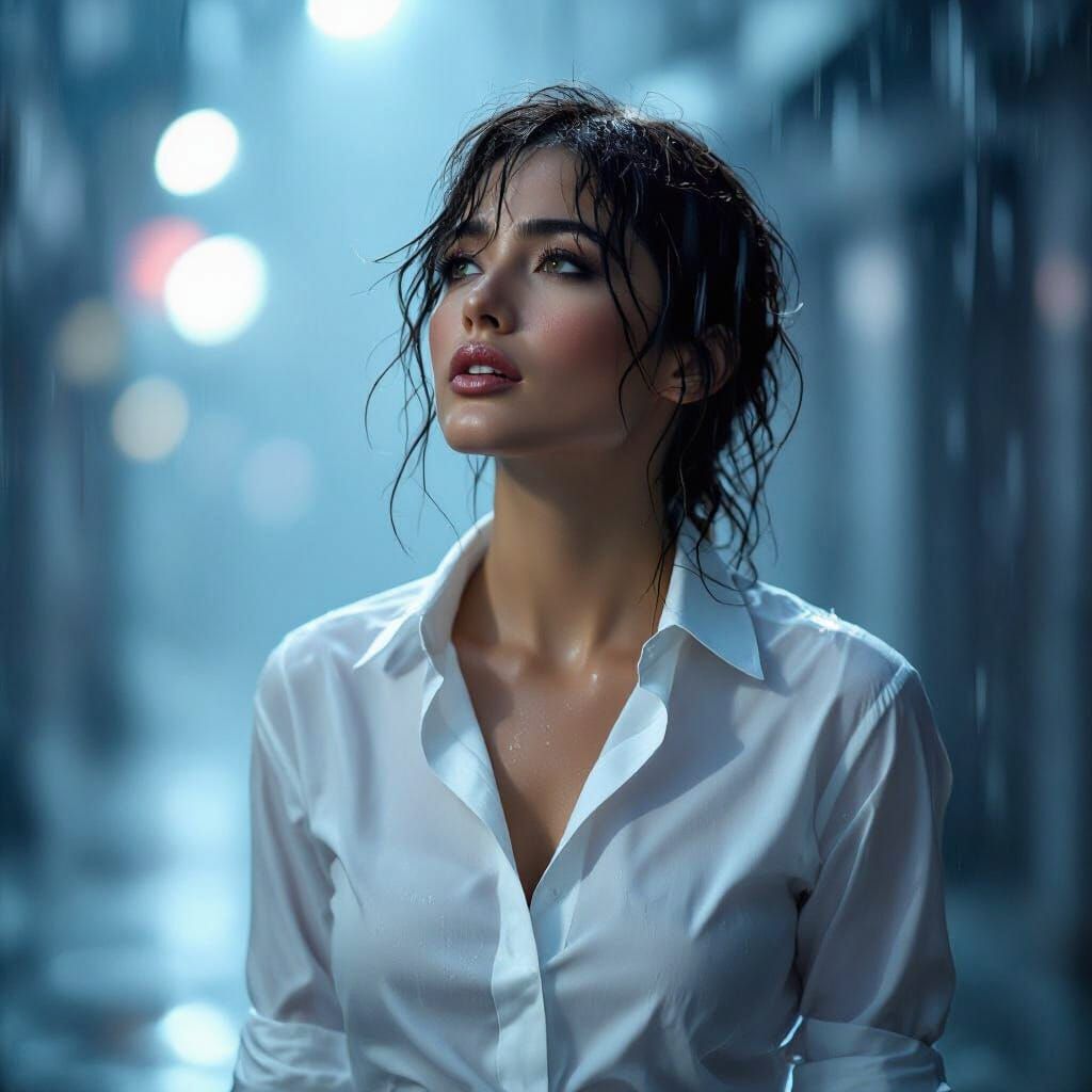Expressive Model in Rain, Cinematic Style