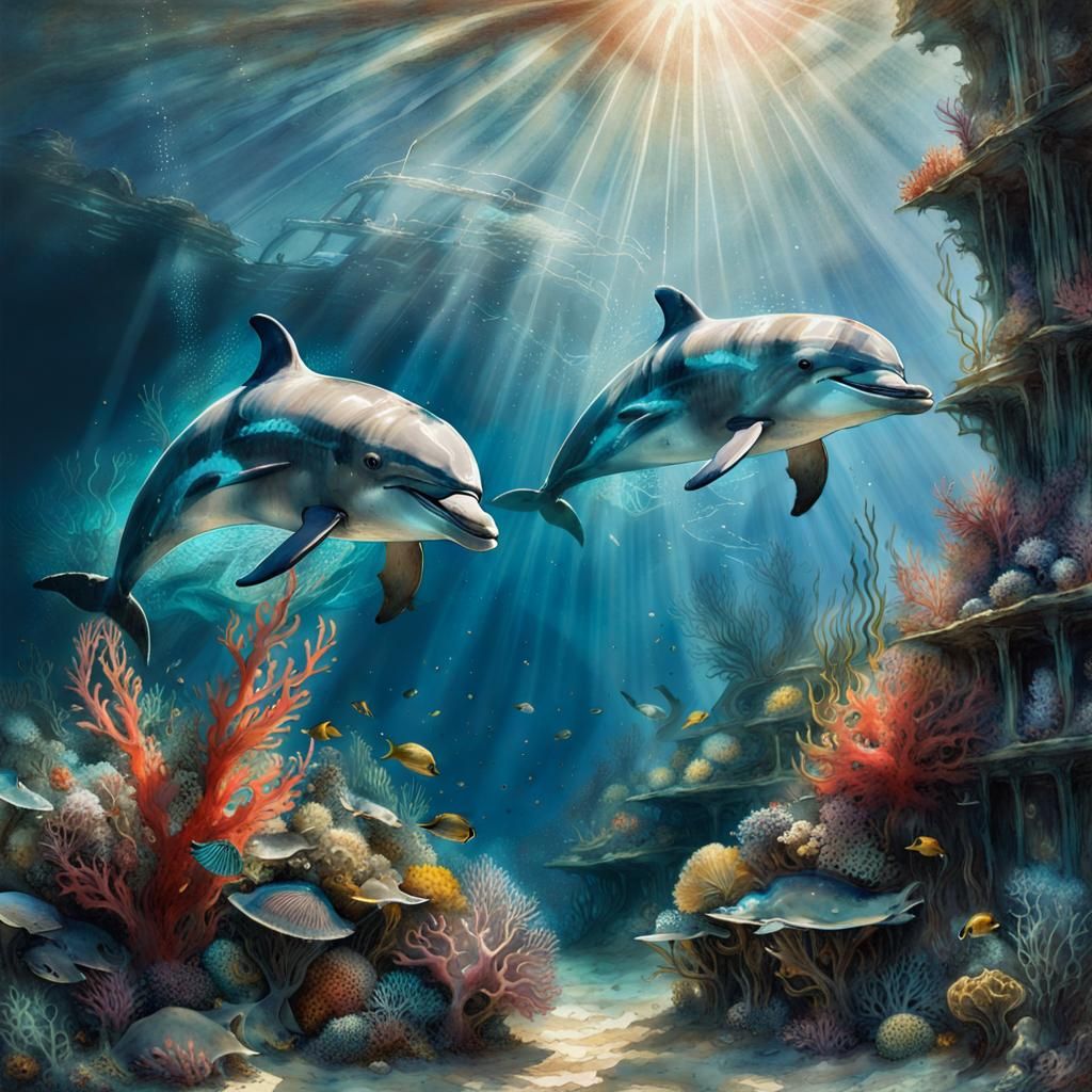Dolphins in Sunken City of Atlantis: Anime Style