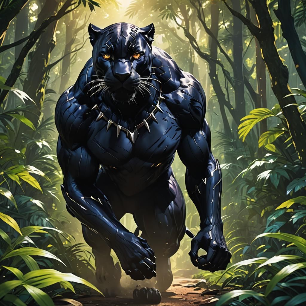 Black Panther in Jungle, Vibrant Anime Style