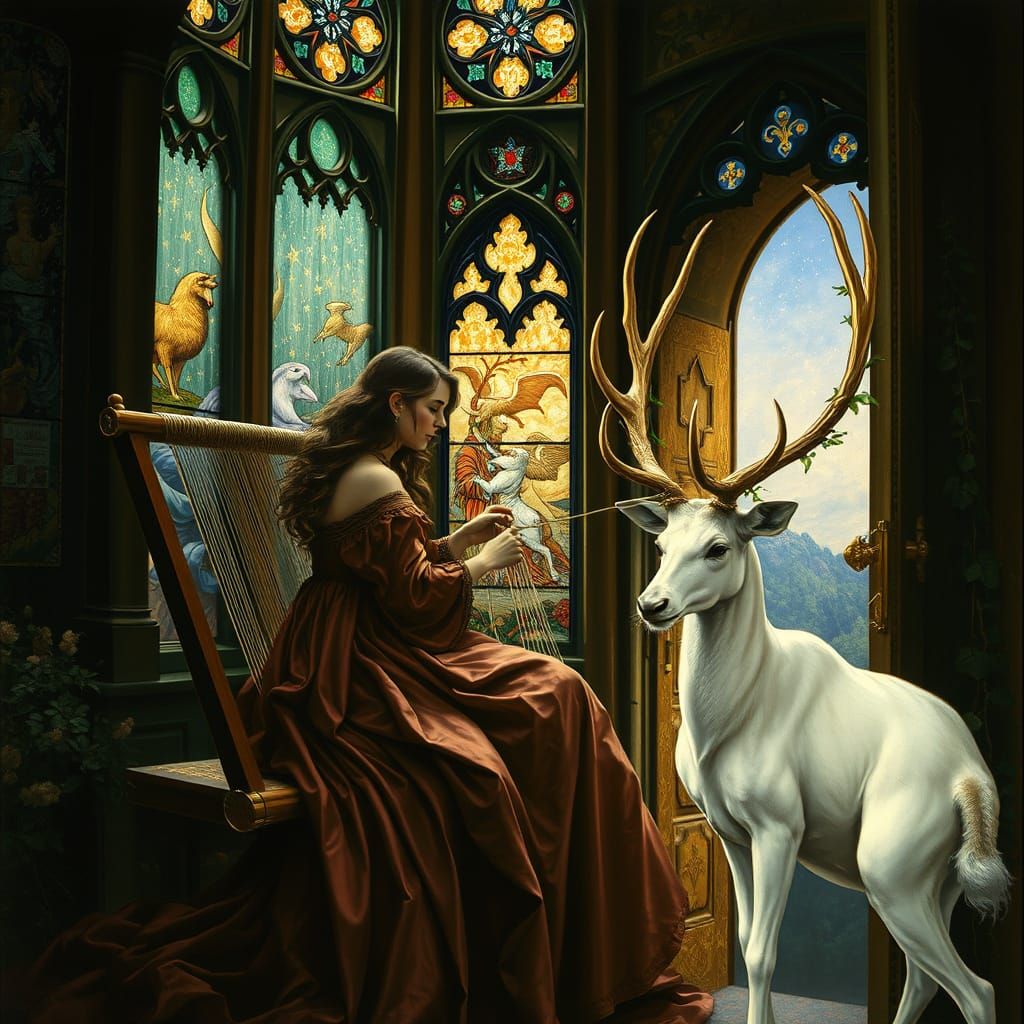 Weaver Spins Starlight Tapestry in Art Nouveau Style