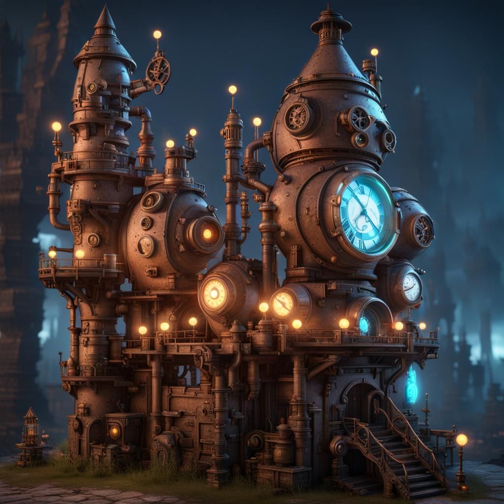 Steampunk Gnome Castle with Glowing Robots