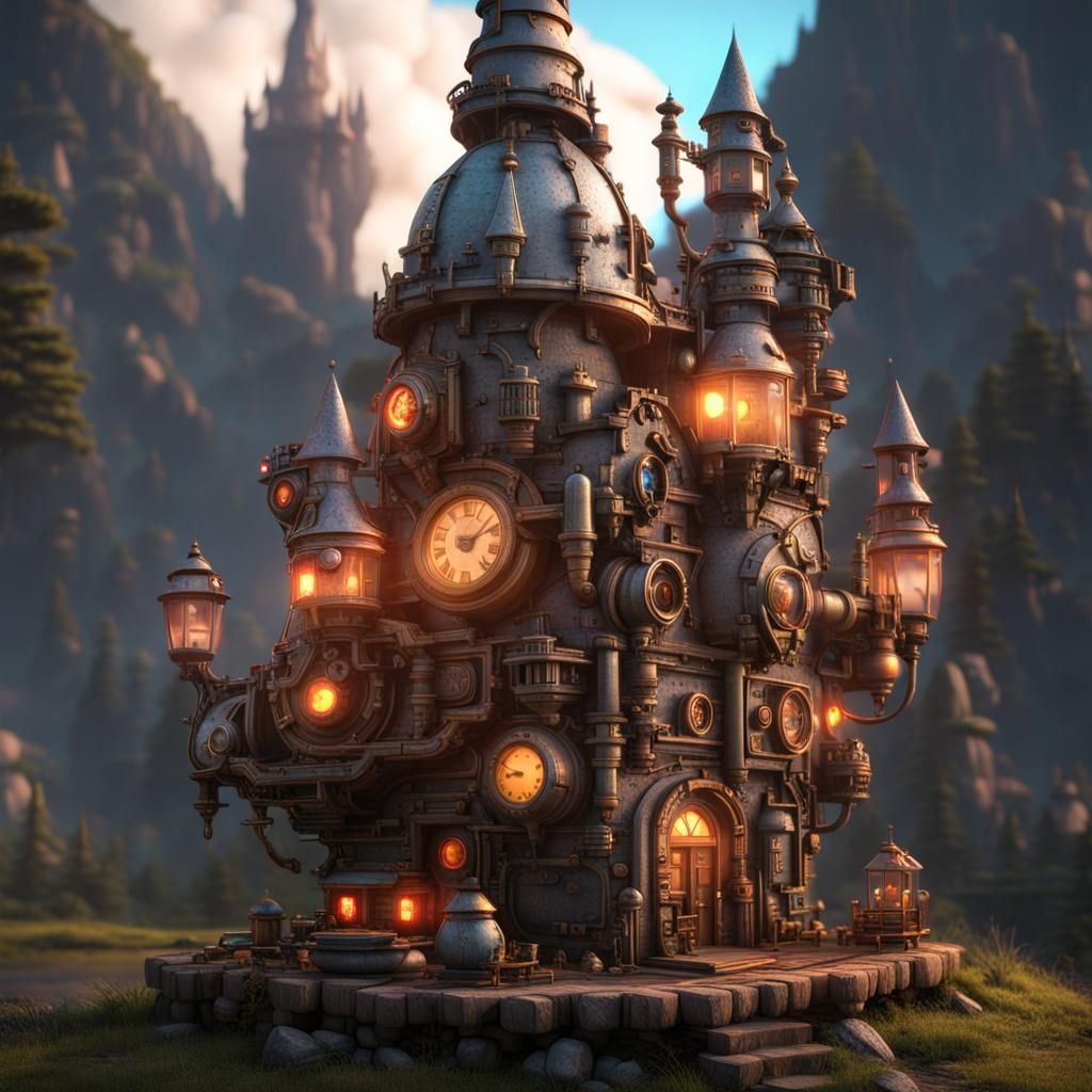 Steampunk Gnome Castle with Glowing Robots