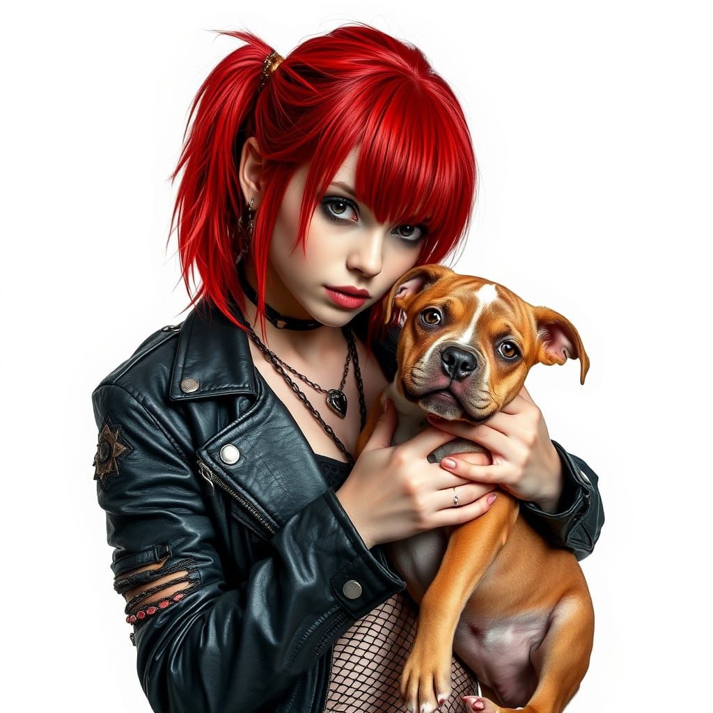 Punk-Goth Girl with Pitbull Puppy in Digital Art