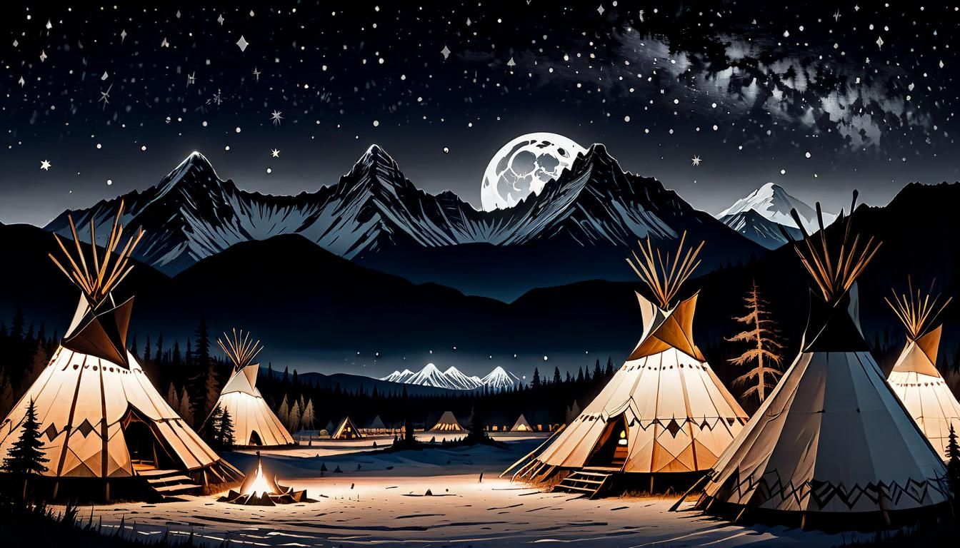 Woodcut Landscape: Tipis Under a Starry Sky