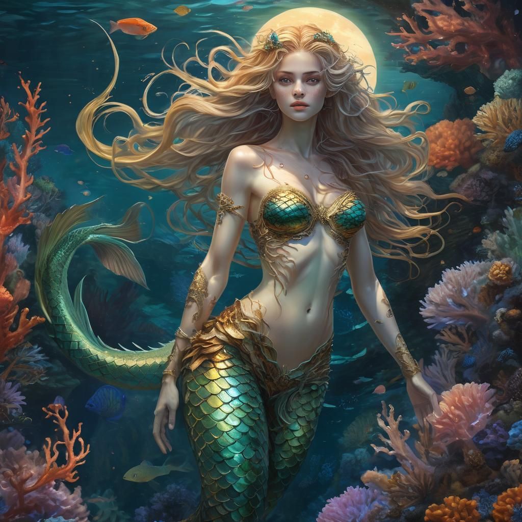Majestic Mermaid-like Creature in Moonlit Ocean
