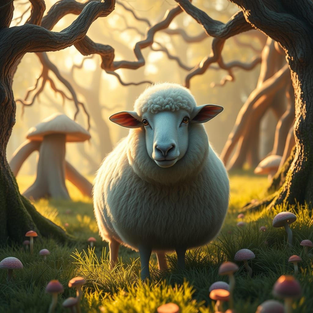 Majestic Round Sheep in Lush Meadow, Fantasy Art