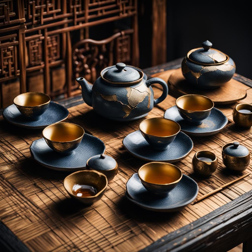 Kintsugi Tea Set on Kotatsu Table, Digital Illustration