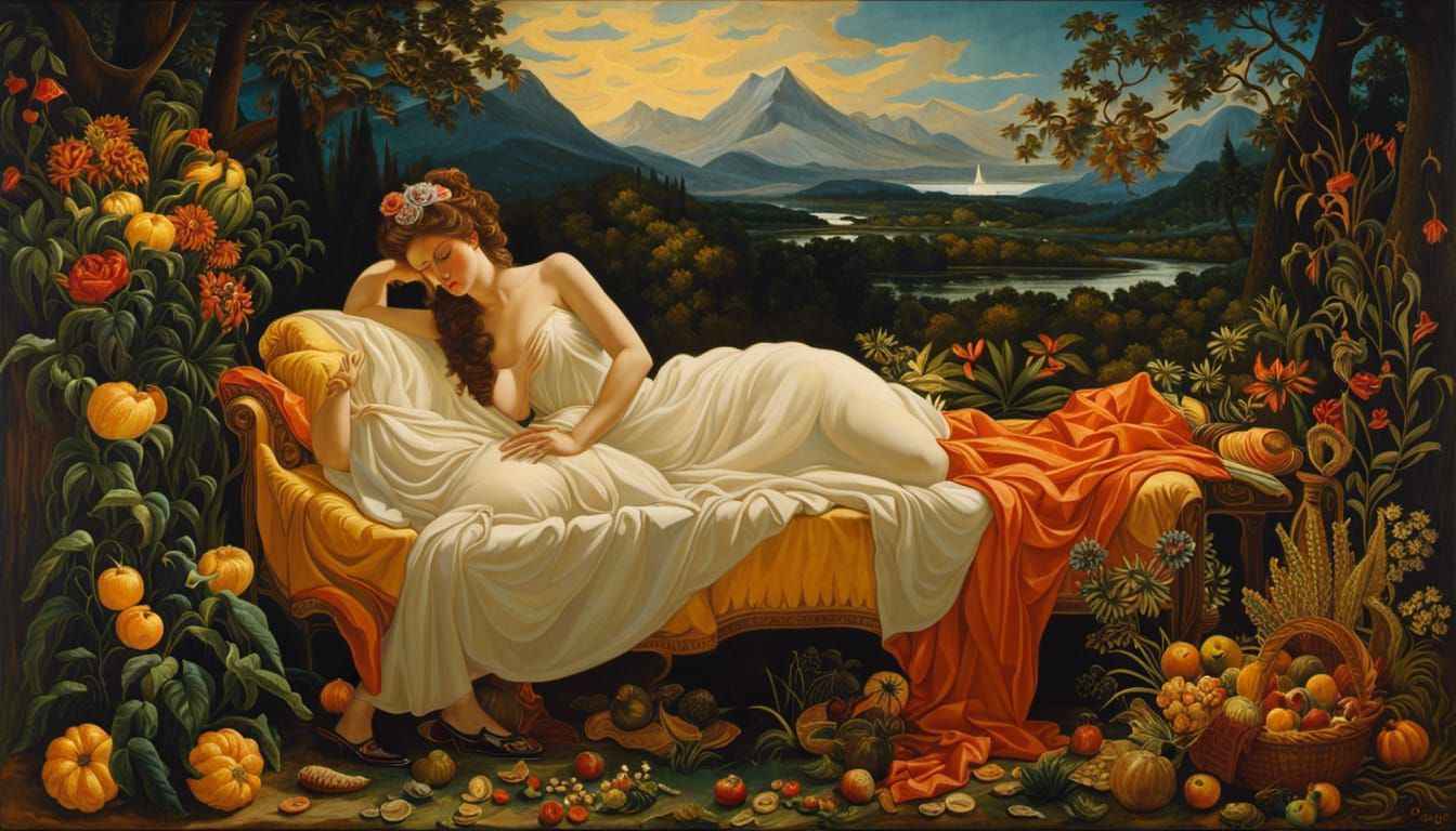 Aphrodite and the River of Fire: Surreal Oil Painting