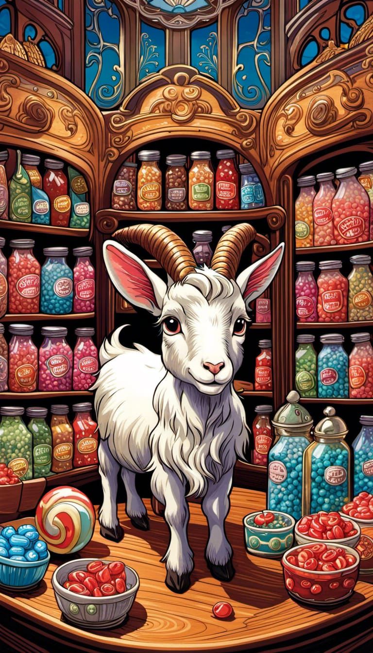 Baby Goat's Candy Store Adventure in Art Nouveau Style