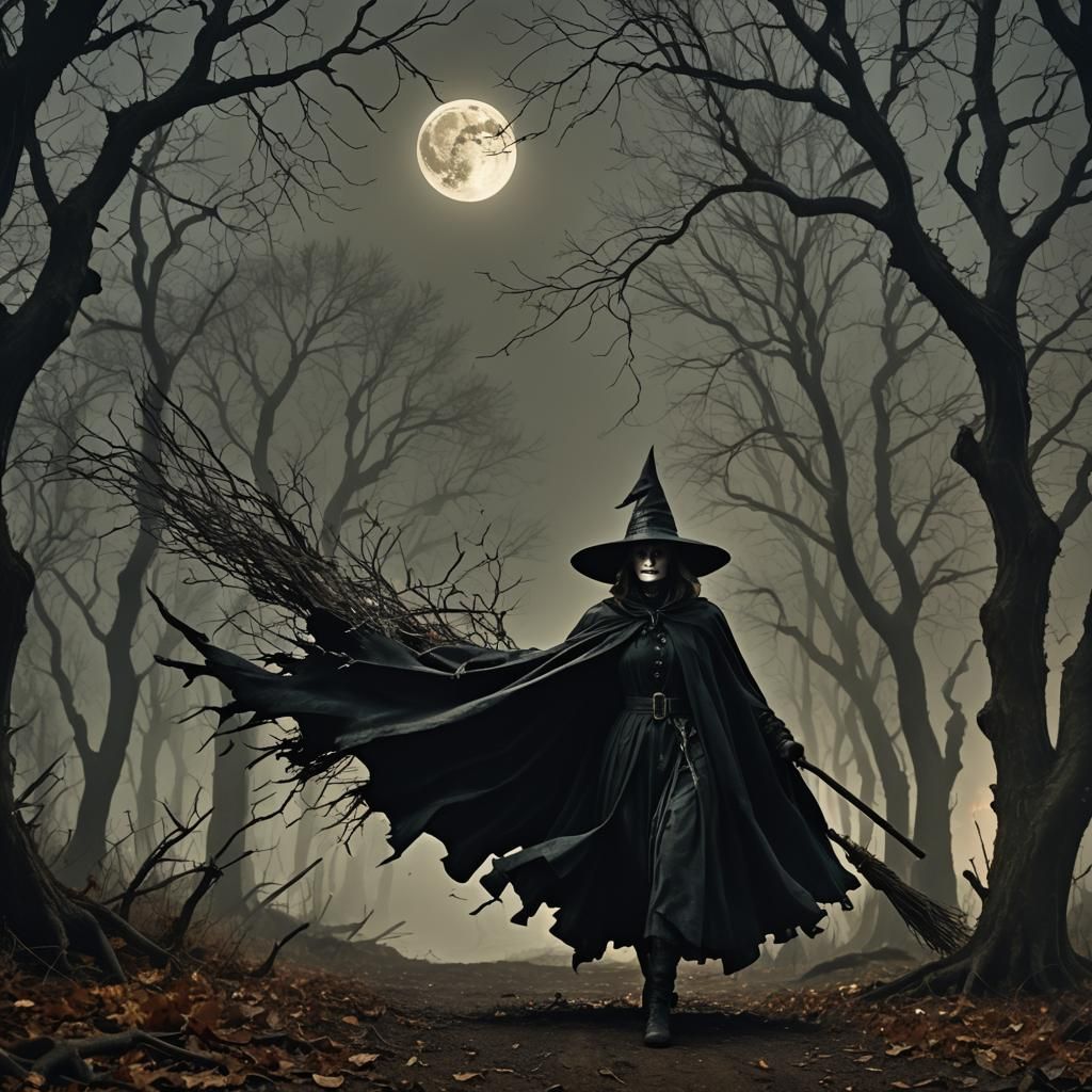 Witch Flying Through Autumn Forest in Dark Fantasy Style