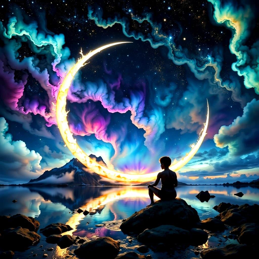 Boy Sits on Glowing Crescent Moon, Holographic Sea, and Star...