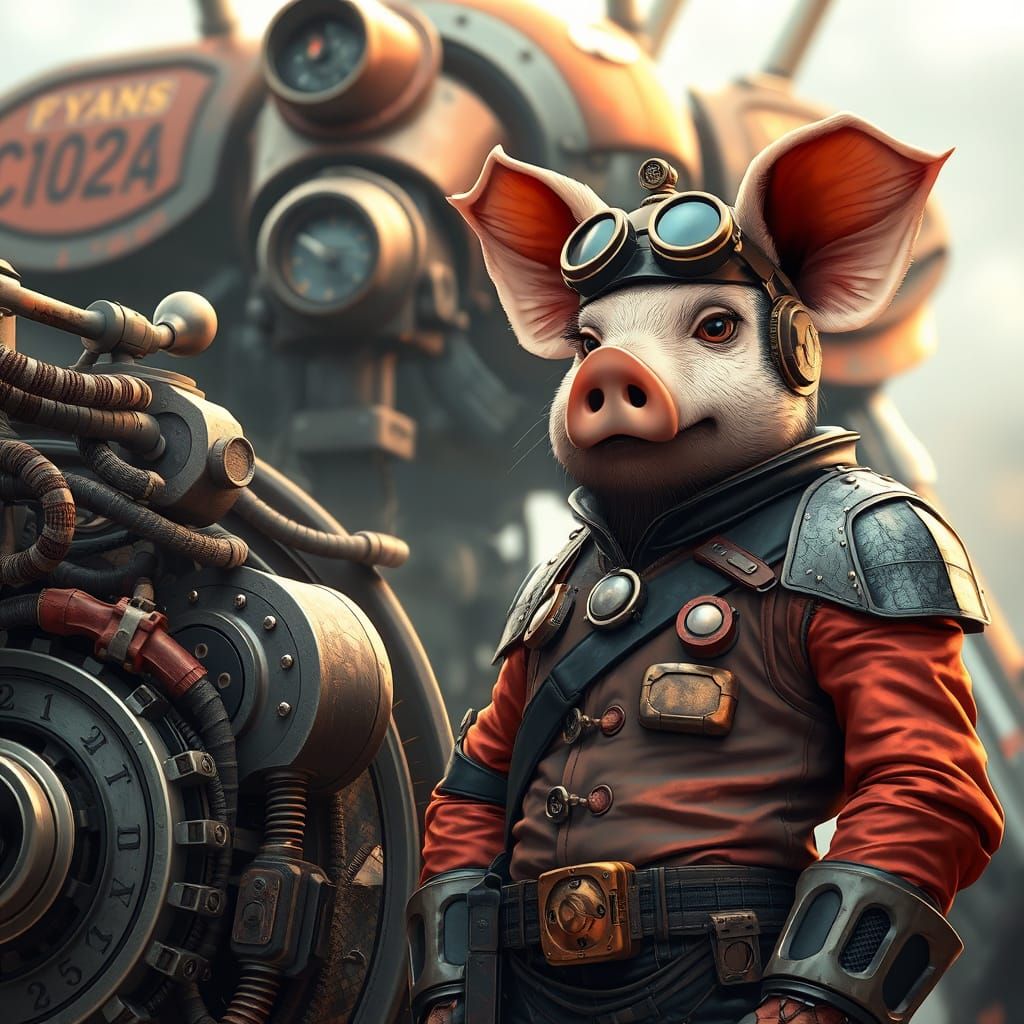 Steampunk Pigman Pilot with Mecha in Anime Style