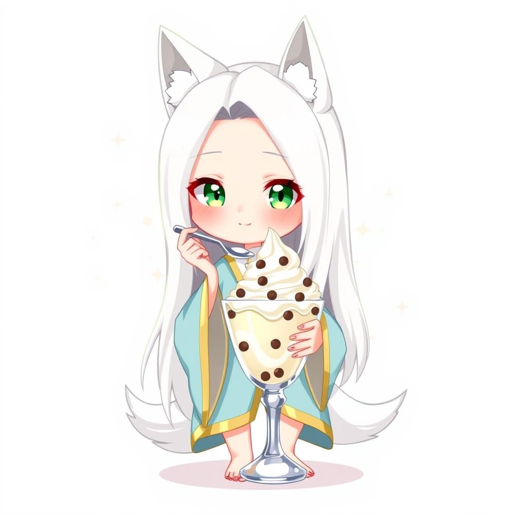 Wolfie eating mint chocolate chip ice cream